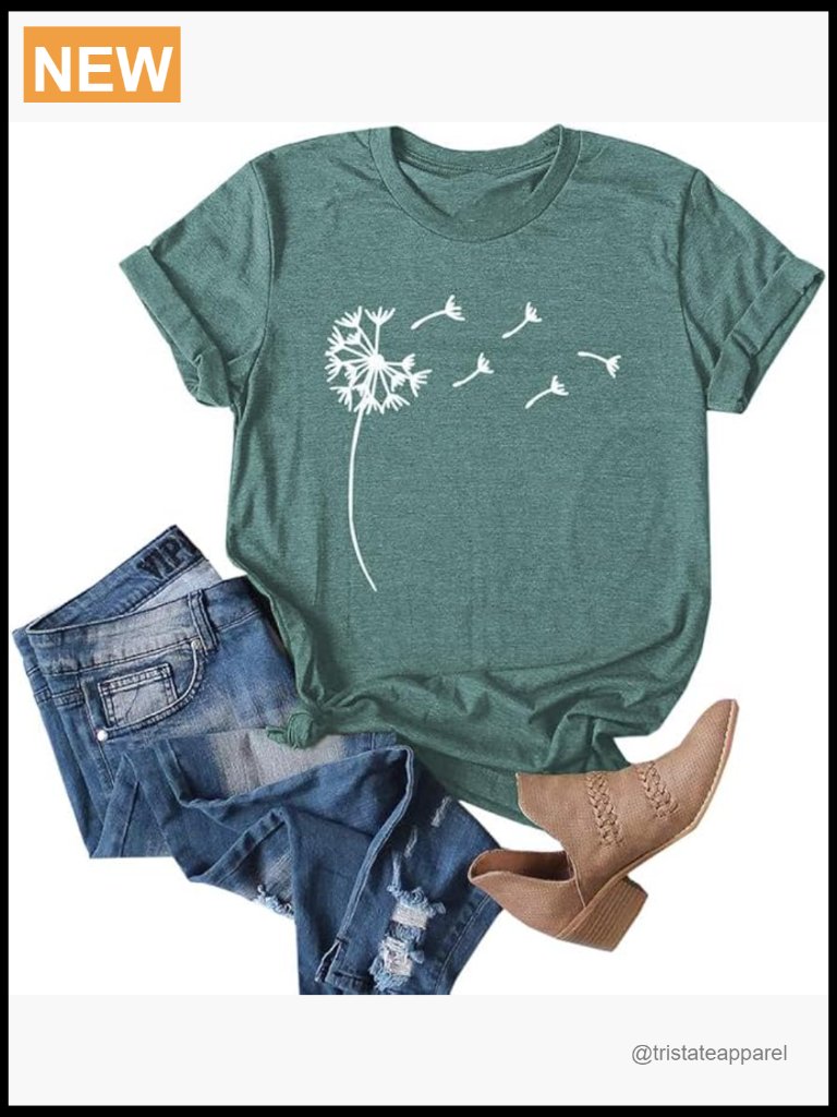 Dandelion Print Short Sleeve T-Shirt Cute Graphic Tee Summer Cotton Blend